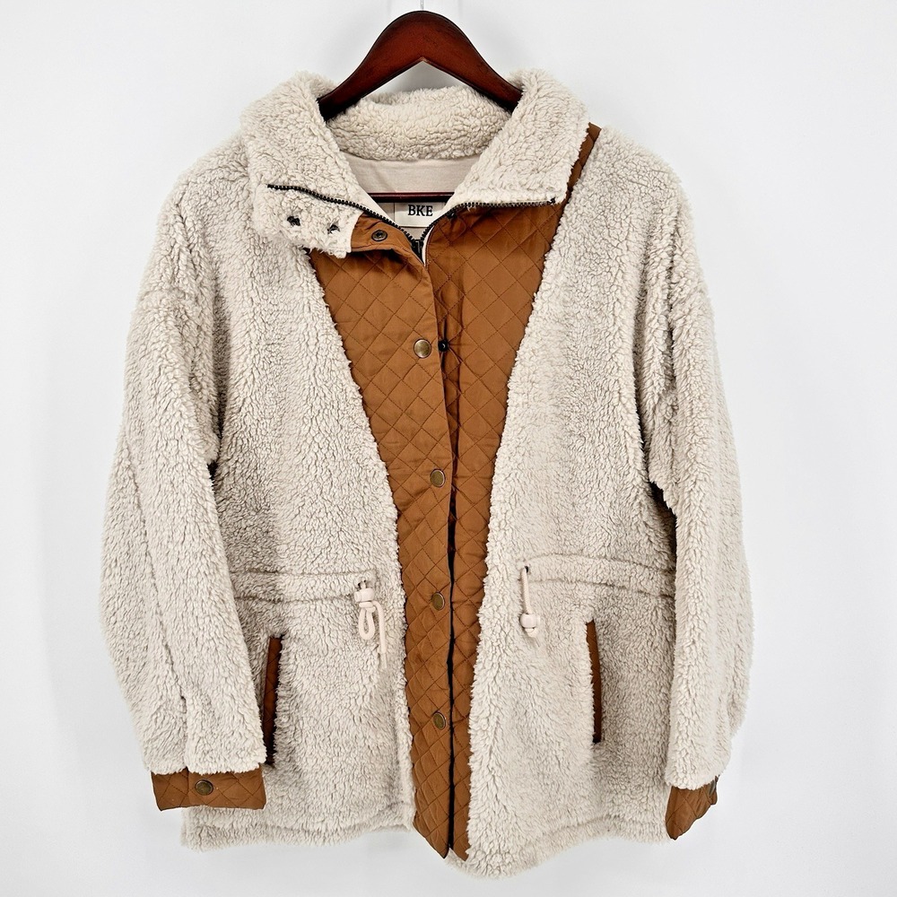 BKE Women's Cream Sherpa Faux Fur Quilted Utility Jacket Brown Drawstring XL
